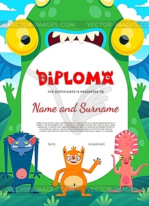 Kids diploma, certificate with monster characters - vector clip art