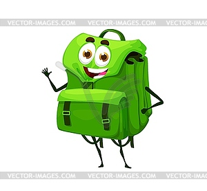 Cartoon cute green schoolbag character, backpack - vector image