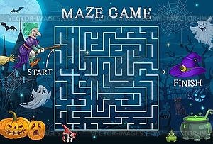 Halloween labyrinth maze, help to witch kids game - vector image