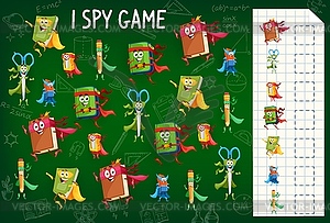 I spy game with cartoon school superhero character - vector clipart