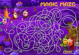 Labyrinth maze game with cartoon vitamin wizards - royalty-free vector image