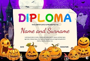 Kids diploma with funny Halloween pumpkin lanterns - vector image