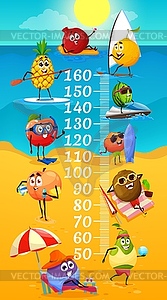 Kids height chart, funny fruits on summer beach - vector image