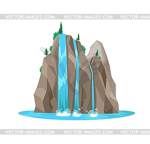 Mountain waterfall, cartoon water cascade - vector clip art