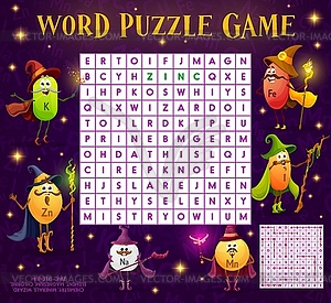 Word search puzzle game, micronutrients wizards - vector clip art