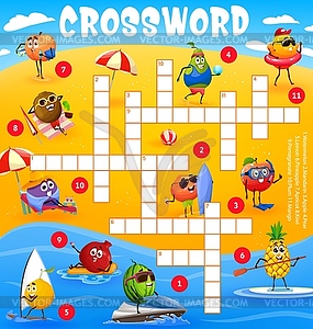 Crossword puzzle with cartoon fruits on beach - vector clip art