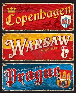 Copenhagen, Warsaw, Prague city travel stickers - color vector clipart