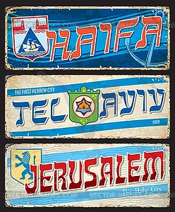 Haifa, Tel Aviv, Jerusalem city travel stickers - vector clip art