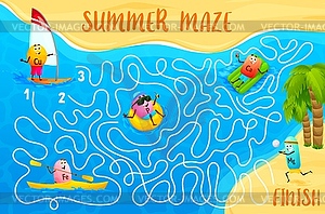 Labyrinth maze, cartoon vitamins on beach vacation - vector image