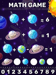 Math game worksheet with cartoon space planets - vector clipart