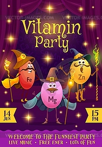 Vitamins and micronutrients party flyer, wizards - vector clip art