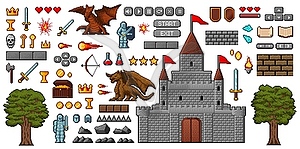 8bit pixel art game icons, medieval knight, dragon - vector clipart