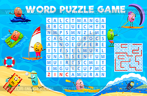 Word search puzzle game, cartoon vitamins on beach - vector image