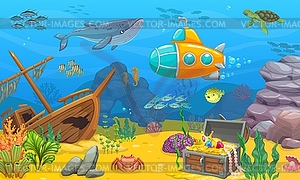 Underwater game level landscape with sunken ship - vector clip art