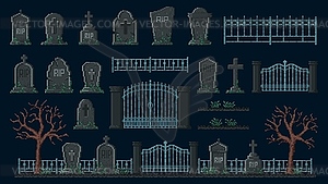 Cemetery 8 bit pixel game asset. Gravestone, fence - vector image