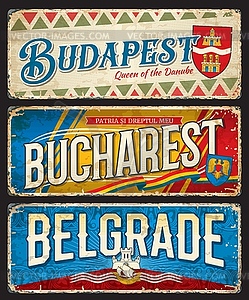 Budapest, Bucharest, Belgrade city travel stickers - vector clipart