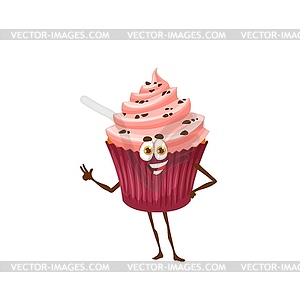 Cartoon cheerful raspberry cupcake character, pie - vector image