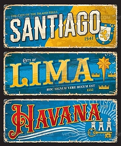 Santiago, Lima, Havana city travel sticker plates - vector clip art