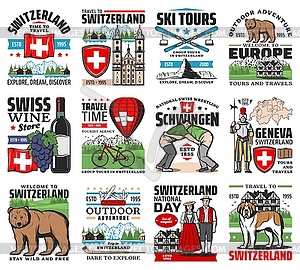 Switzerland travel, swiss culture symbols icons - vector image