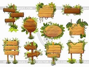 Cartoon wooden sign boards, tropical jungle lianas - vector clip art