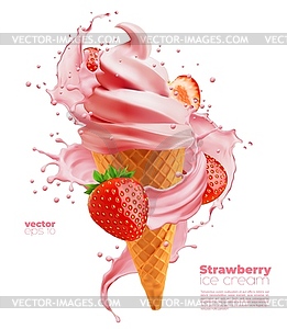 Soft strawberry ice cream cone with swirl - vector clipart