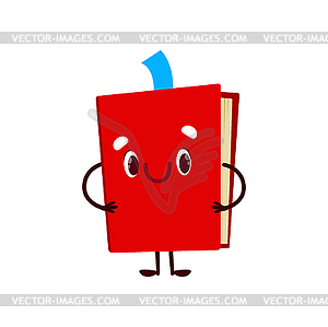 Cute cartoon book character in red cover, textbook - vector image