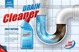 Pipe drain cleaner poster, detergent - vector image