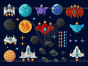 Arcade shooter 8 bit pixel art game space invaders - vector clip art