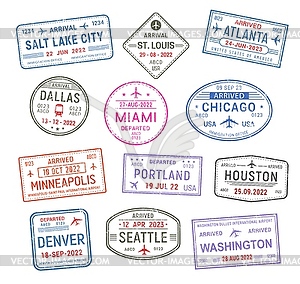 Passport travel stamps, USA airport visa arrivals - vector image