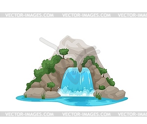 Мультяшный речной водопад с деревьями, водный каскад - векторизованное изображение