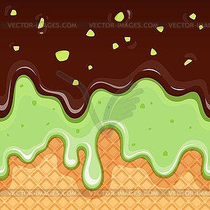 Шоколадно-фисташковое мороженое с вафельным узором - векторный рисунок