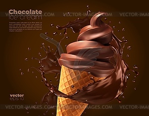 Chocolate ice cream dessert wafer cone with splash - vector clip art