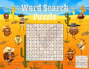 Word search puzzle game with wild west nut cowboys - vector clipart