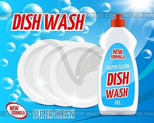 Detergent dishware cleaner, plates and bubbles - vector clipart