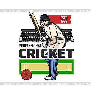 Cricket sport icon with batsman player, bat, ball - royalty-free vector clipart