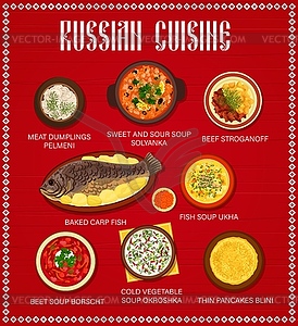 Russian cuisine menu food dishes and lunch meals - vector clip art