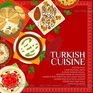 Turkish cuisine menu cover, dishes lunch or dinner - vector clipart