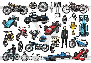 Racing sport bikes, bolides, racer cars, speedway - vector image