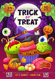 Halloween party flyer with sweets and desserts - vector clip art