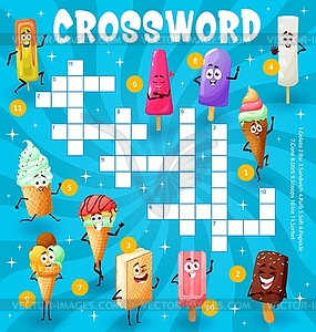 Cartoon ice cream characters crossword worksheet - vector clip art