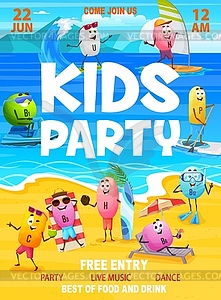 Kids party flyer, cartoon vitamin characters - vector image