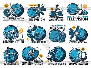 Значки телекоммуникационных и телевизионных спутников - векторный клипарт EPS