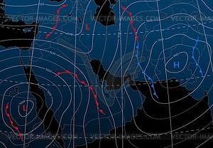 Forecast weather night isobar map of middle east - vector image