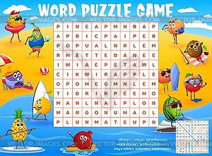 Cartoon fruit on beach vacation word search puzzle - vector clipart