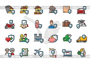 Color insurance outline icons, safety shields - vector clip art