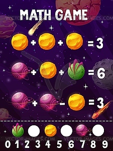 Math quiz worksheet with cartoon space planet - vector clipart