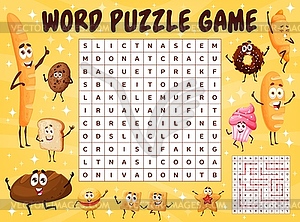 Cartoon bread characters, word search puzzle game - vector image