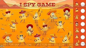 Funny cartoon Mexican nachos chips, I spy game - vector clip art