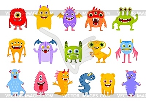 Cartoon funny monster characters, cute personages - vector clipart