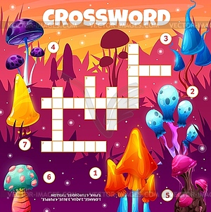 Crossword grid worksheet with luminous mushrooms - vector clipart